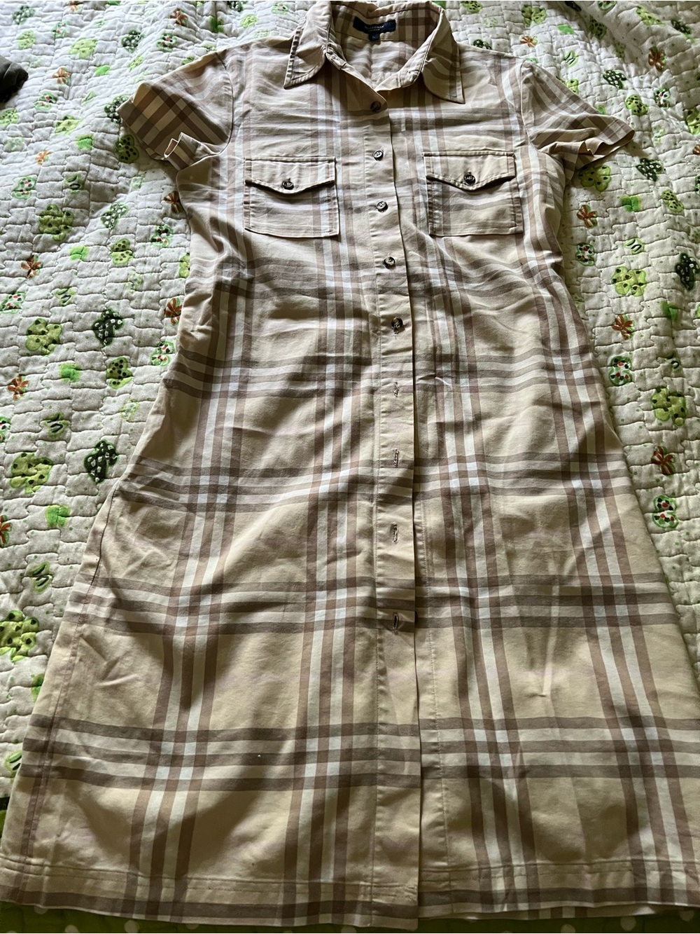 Burberry Beige Plaid Short-Sleeve Midi Shirt Dress